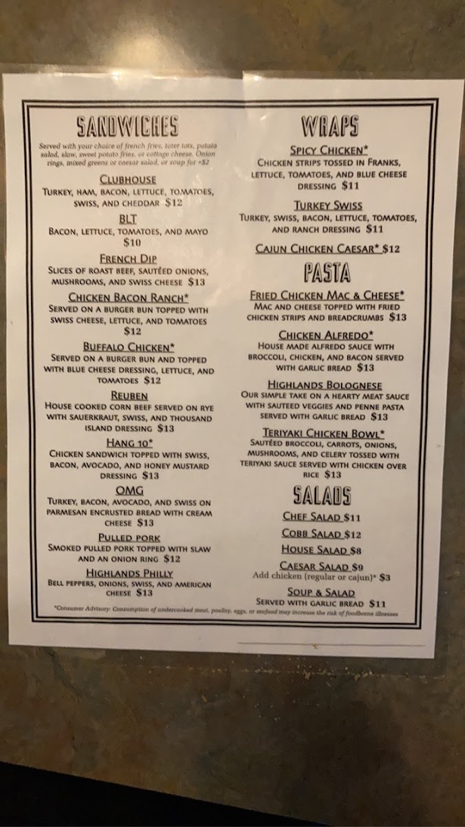 Highlands Brew Pub menu board