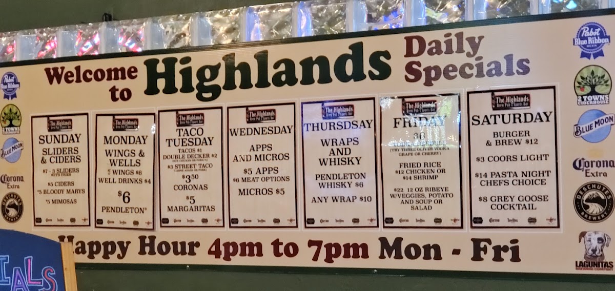 Highlands Brew Pub menu board