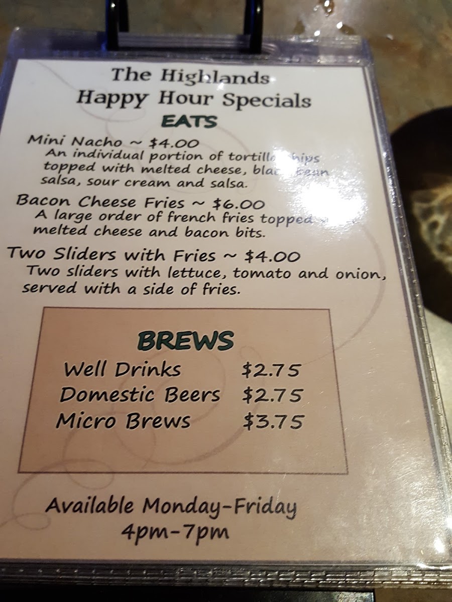Highlands Brew Pub menu board