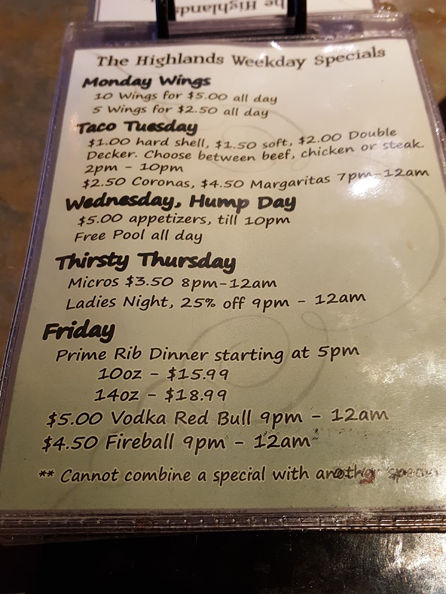 Highlands Brew Pub menu board