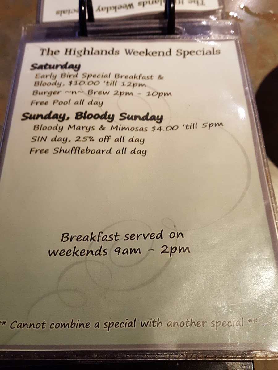 Highlands Brew Pub menu board