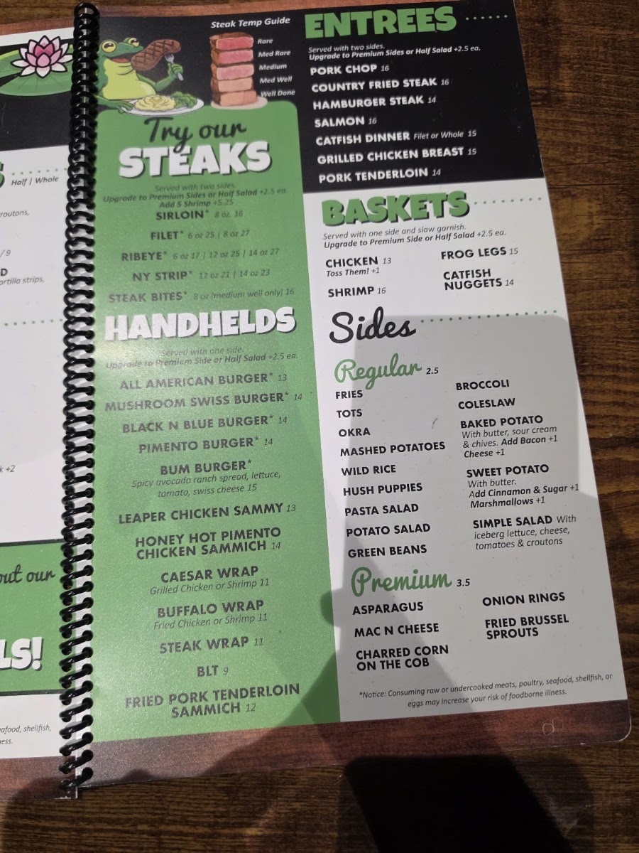 The Lazy Frog menu board