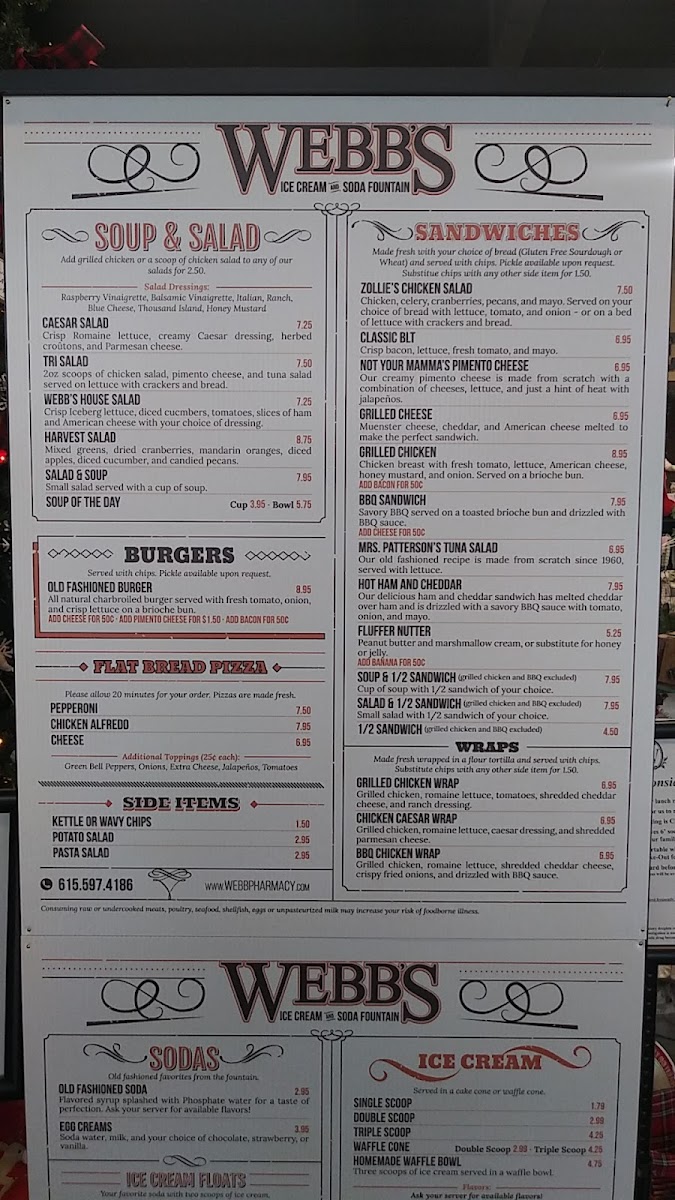 Webb’s Ice Cream & Soda Fountain menu board