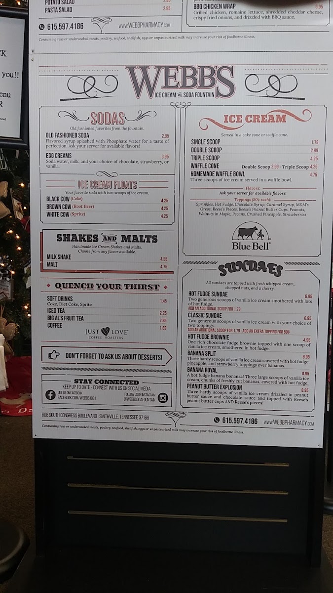 Webb’s Ice Cream & Soda Fountain menu board