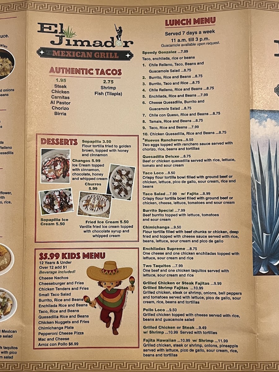 El Jimador Mexican Grill menu board