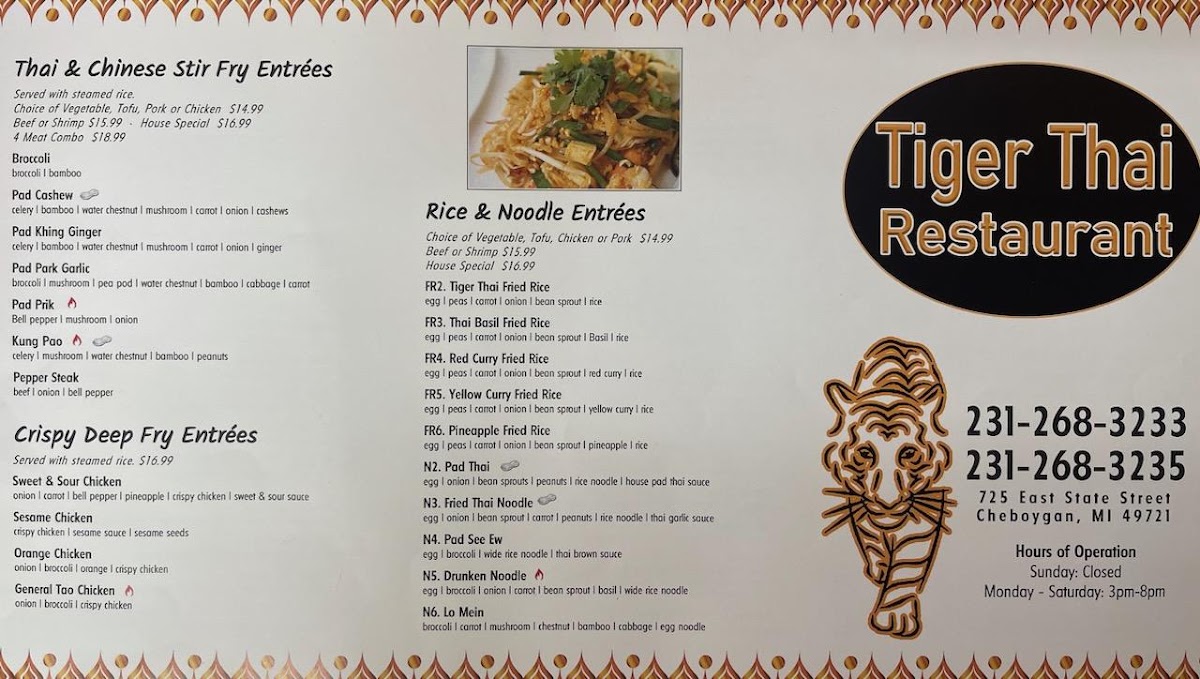 Tiger Thai Restaurant menu board