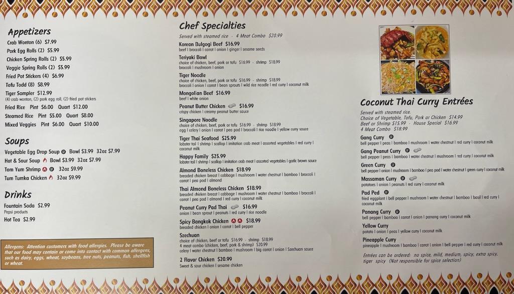 Tiger Thai Restaurant menu board