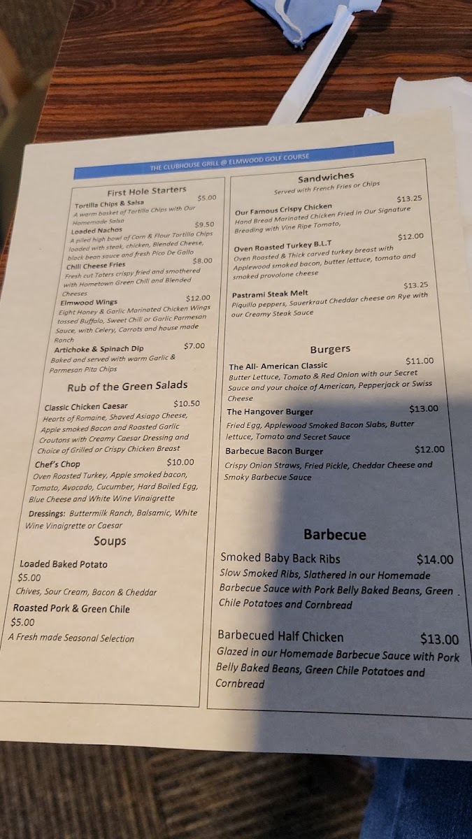 The Clubhouse Grill menu board