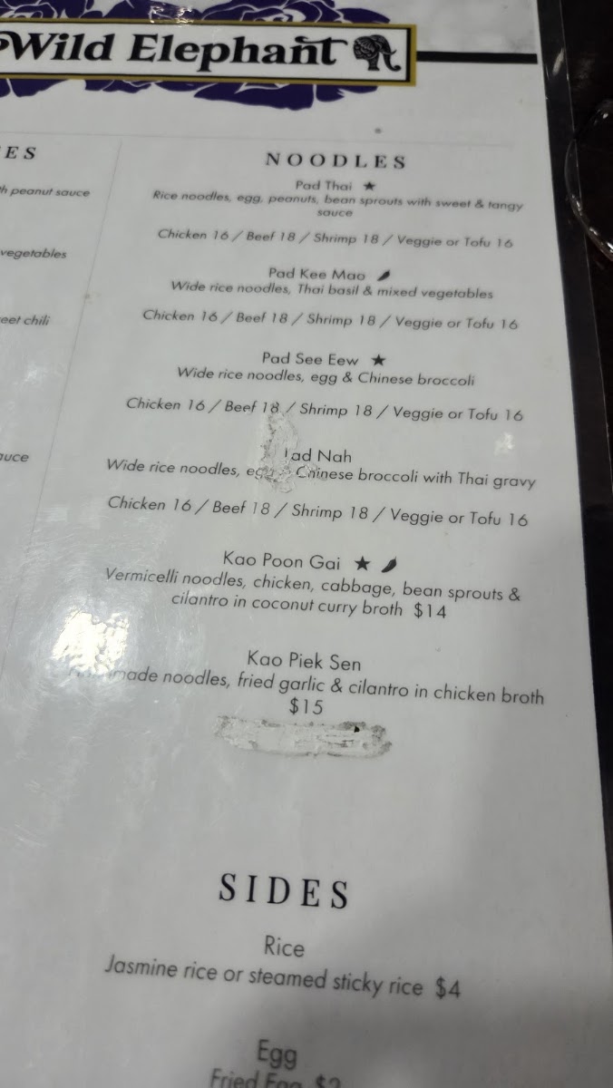 Wild Elephant menu board