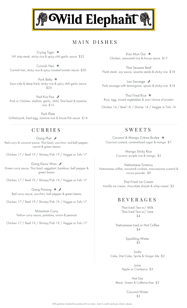 Wild Elephant menu board