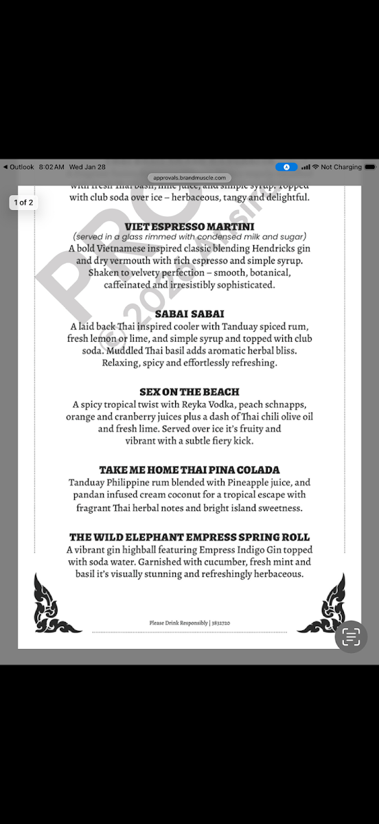 Wild Elephant menu board