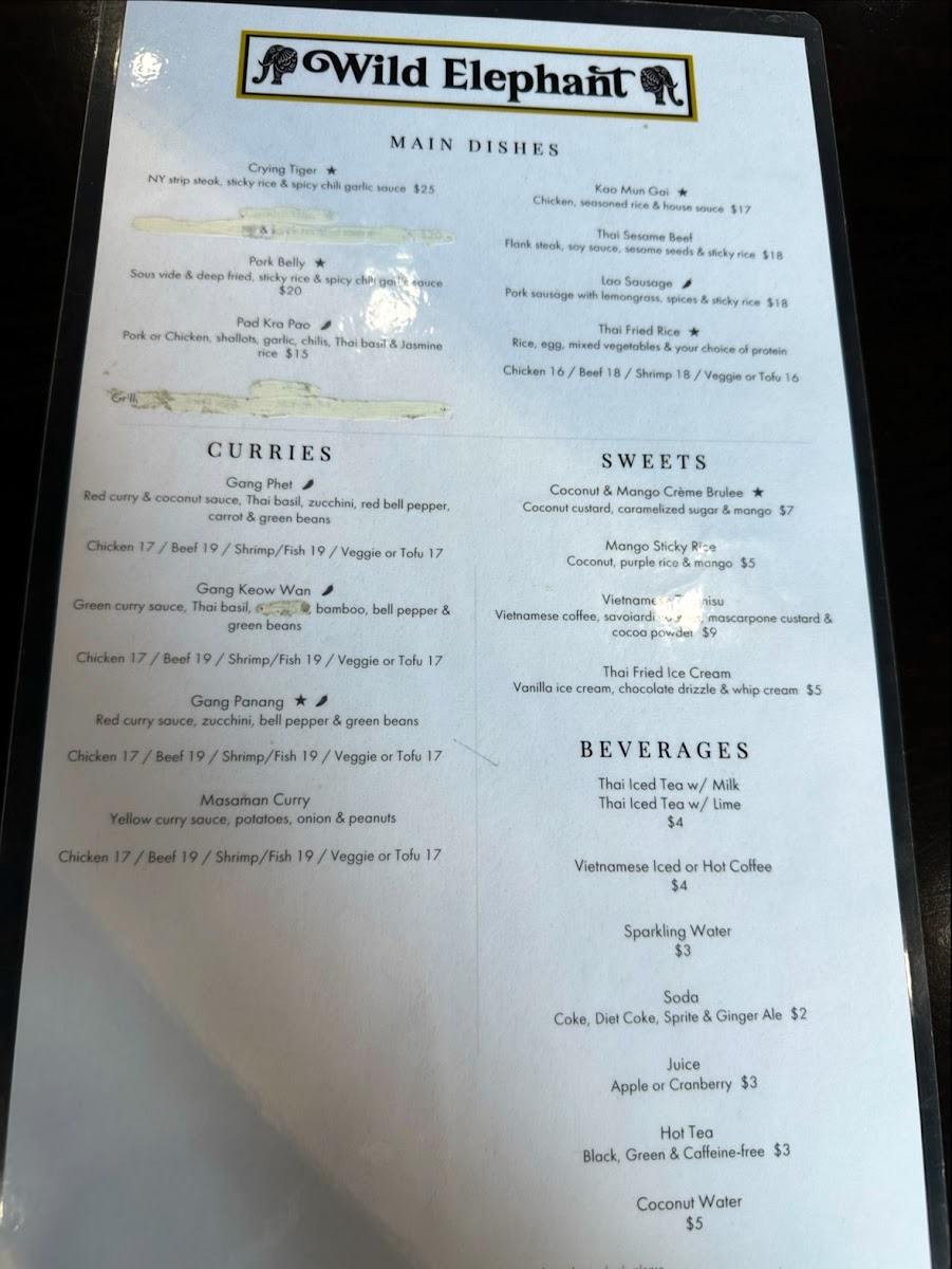 Wild Elephant menu board