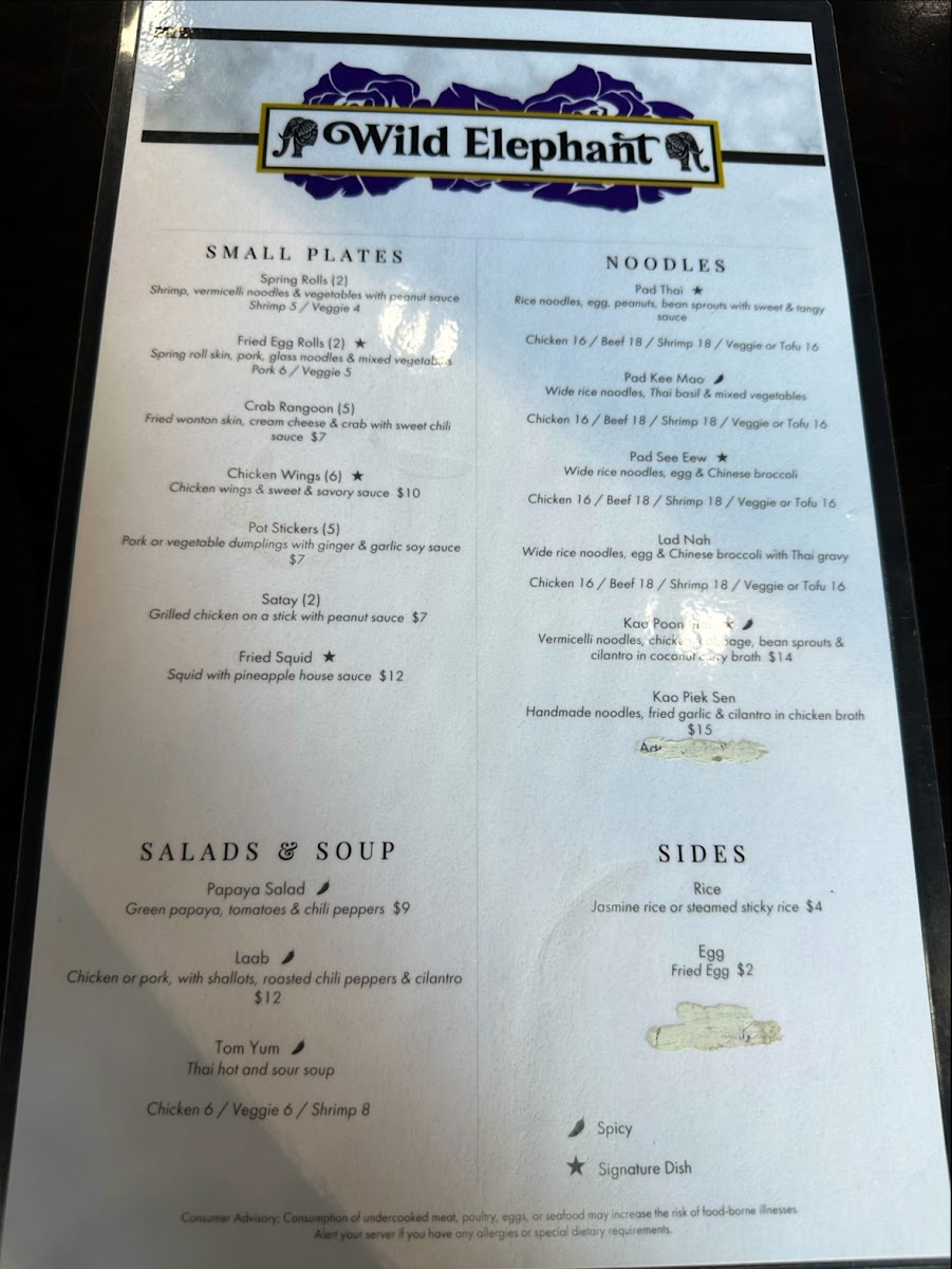 Wild Elephant menu board