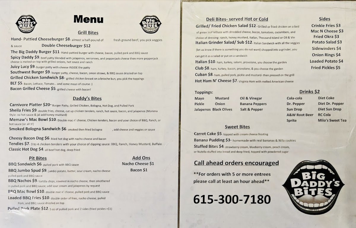 Big Daddy’s Bites menu board