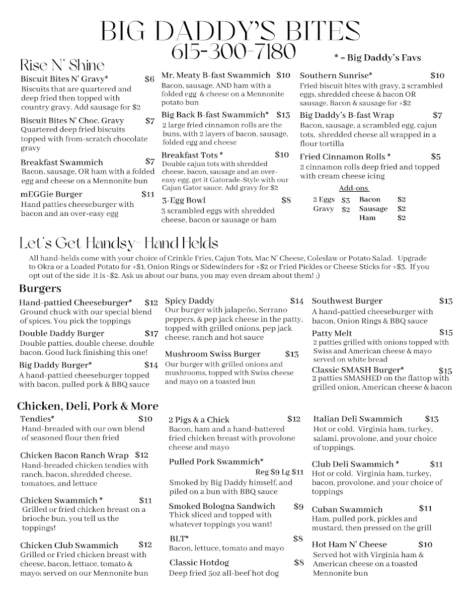 Big Daddy’s Bites menu board
