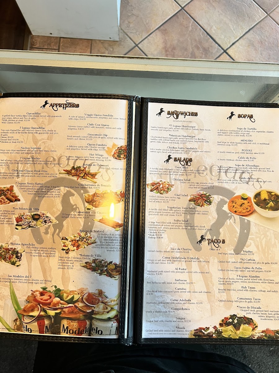 7 Leguas Mexican Grille menu board