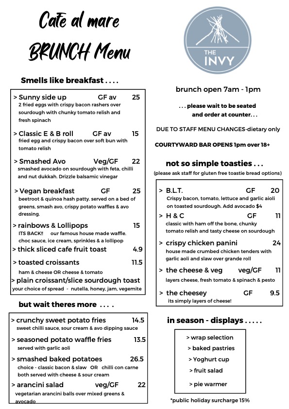 The Invy Cafe Al Mare menu board