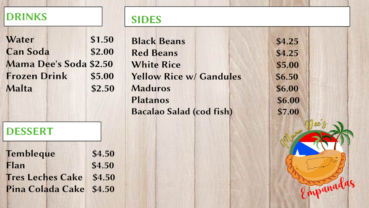 Mama Dee's Empanadas menu board
