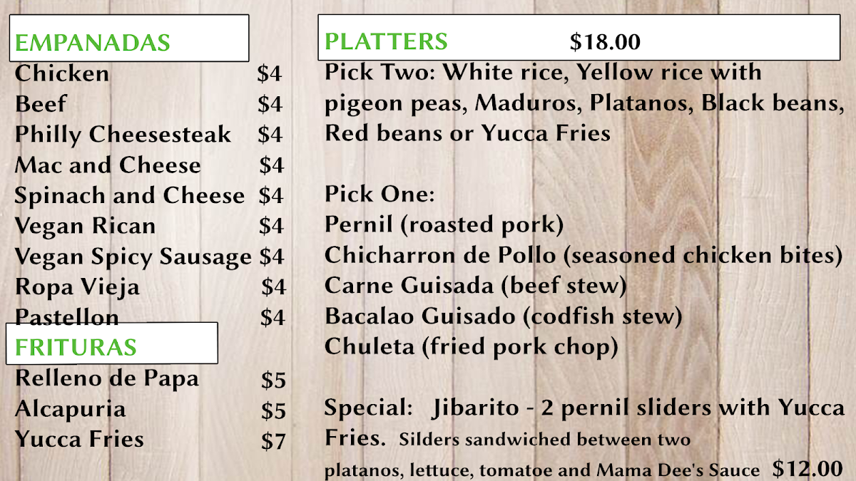 Mama Dee's Empanadas menu board
