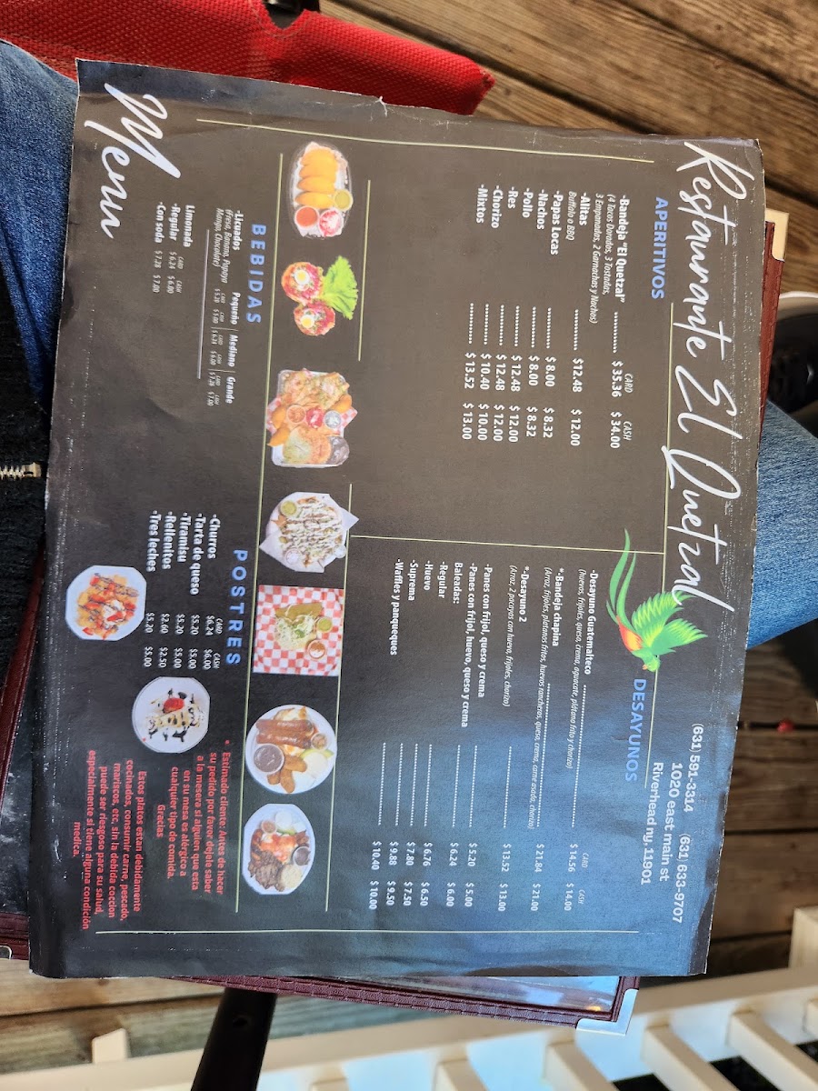 Restaurante el Quetzal menu board