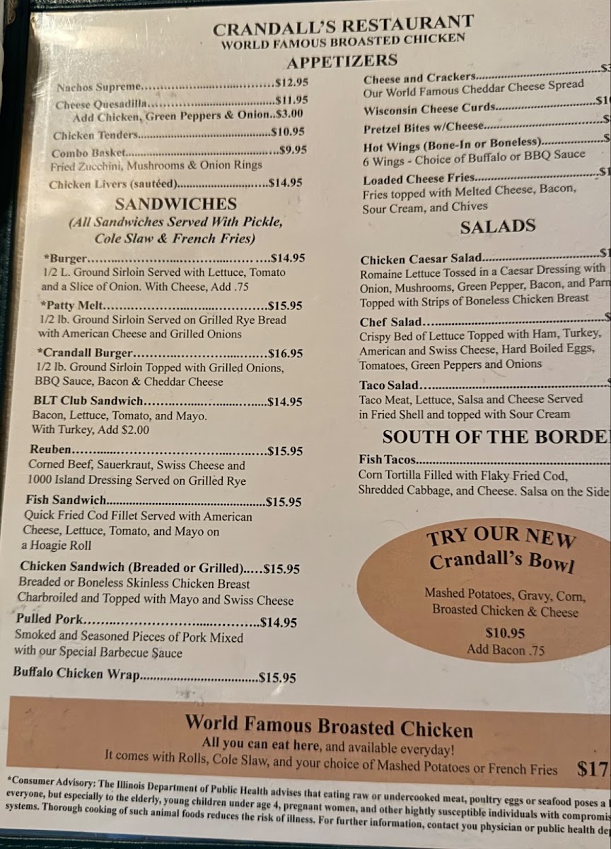 Crandall's Restaurant menu board