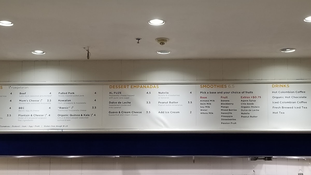 Fuze Eatery: Empanada House & Smoothie Bar menu board