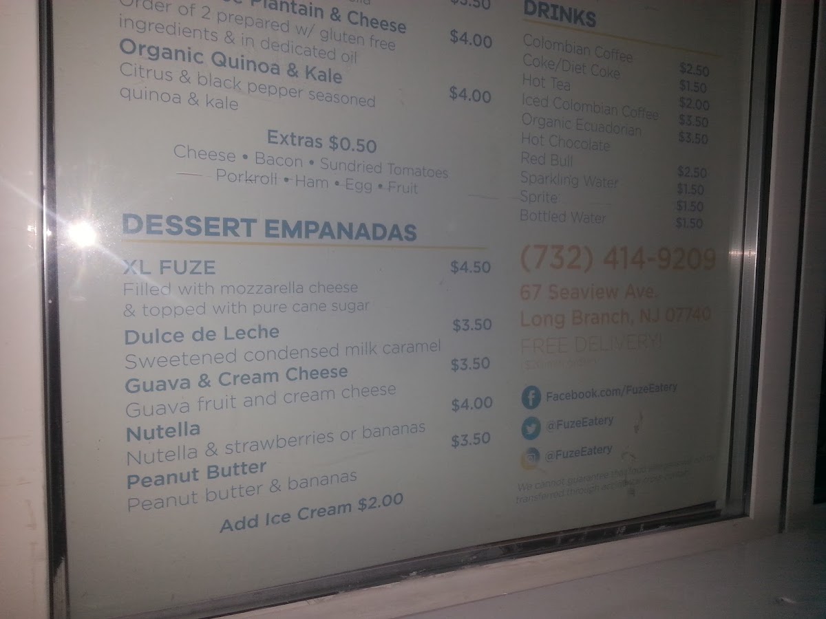Fuze Eatery: Empanada House & Smoothie Bar menu board