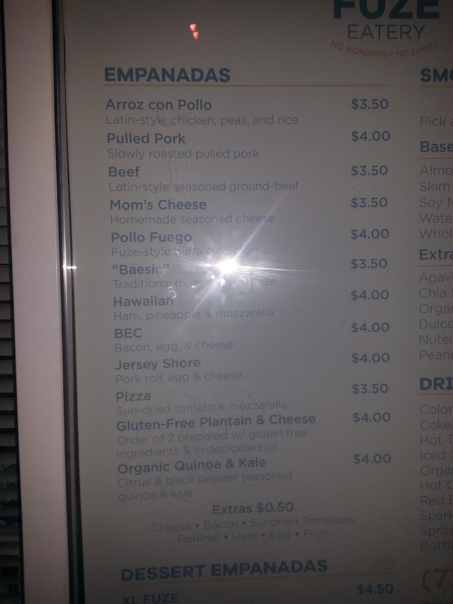 Fuze Eatery: Empanada House & Smoothie Bar menu board