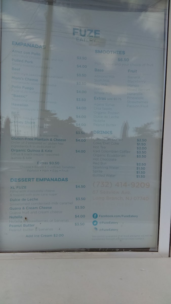 Fuze Eatery: Empanada House & Smoothie Bar menu board