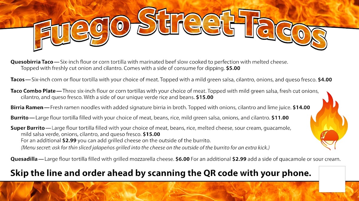 Fuego Street Tacos | Mexican menu board