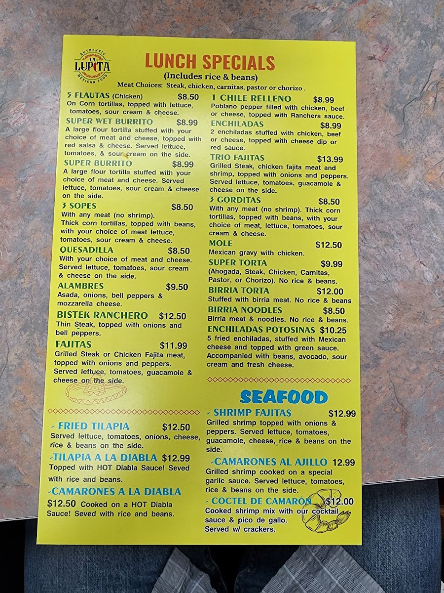La Lupita Authentic Mexican food menu board