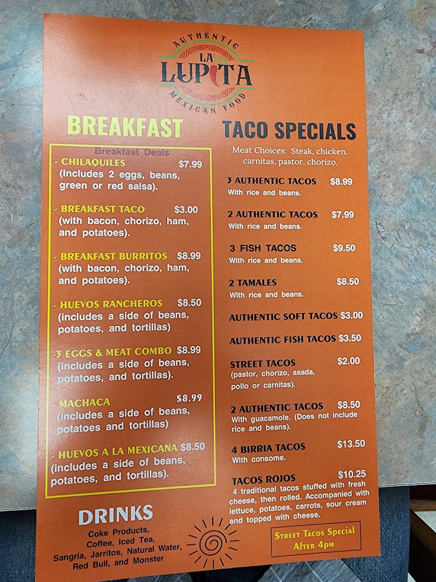 La Lupita Authentic Mexican food menu board