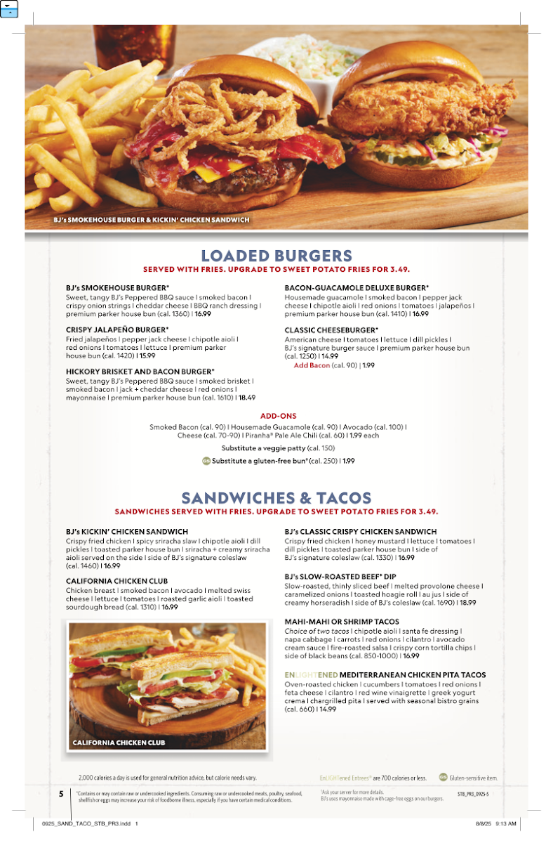 BJ's Restaurant & Brewhouse menu board