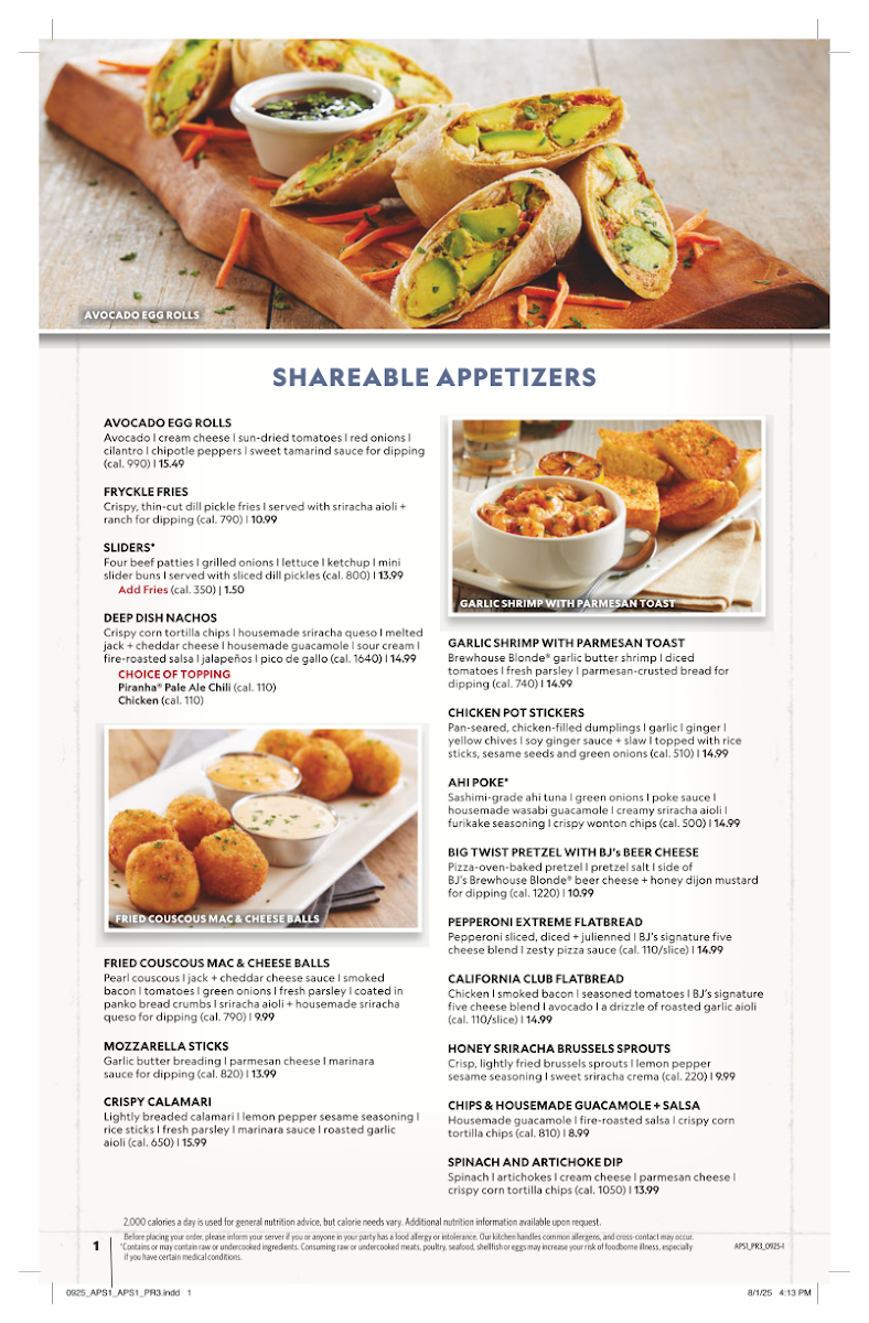 BJ's Restaurant & Brewhouse menu board