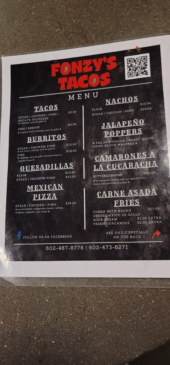 Fonzy's Tacos menu board