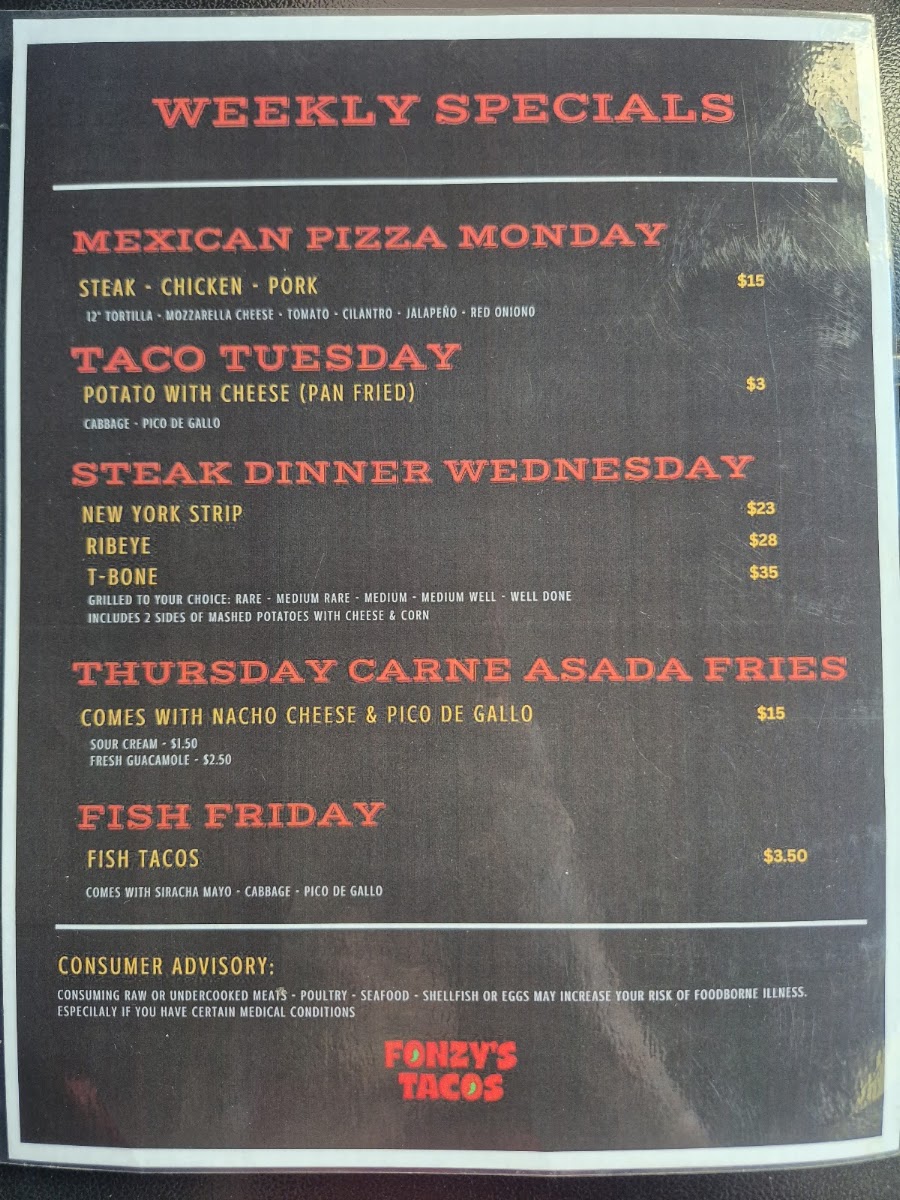 Fonzy's Tacos menu board