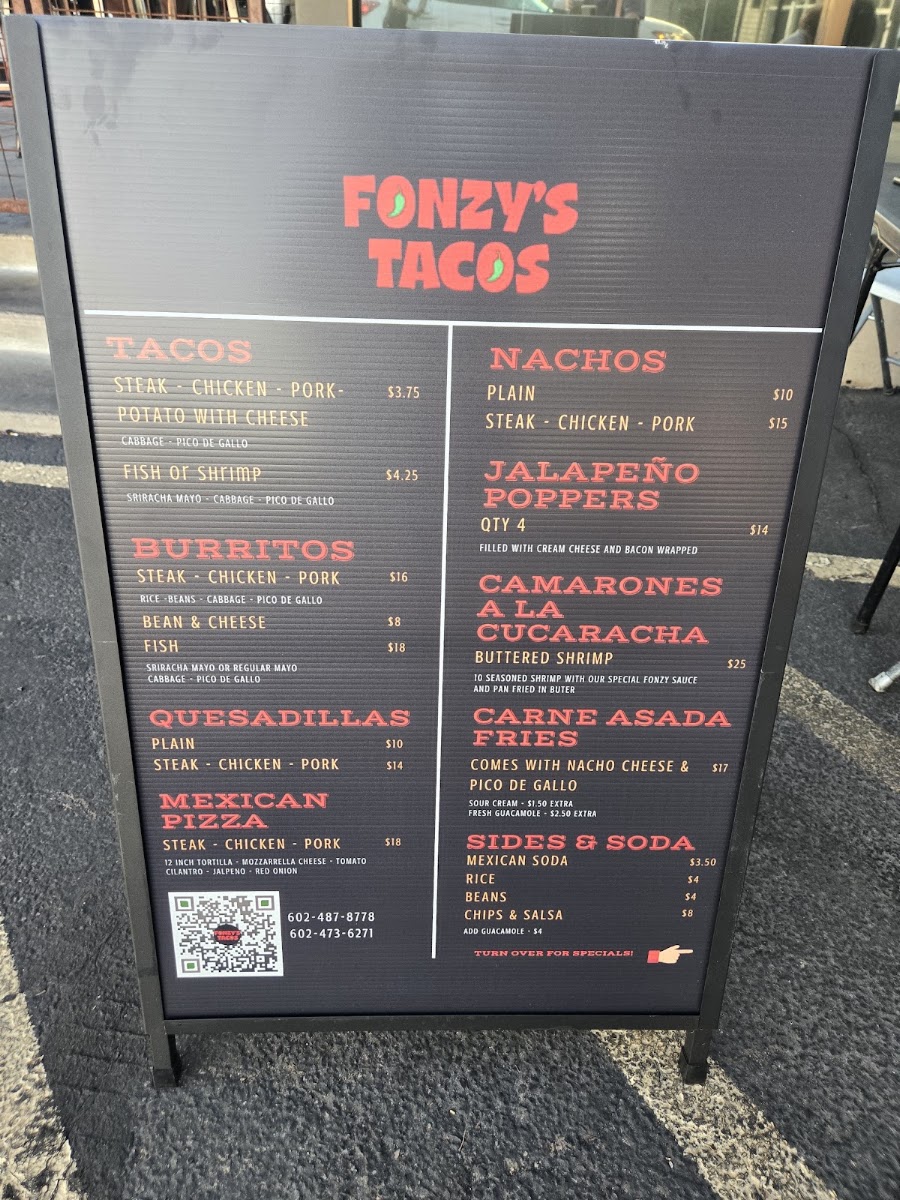 Fonzy's Tacos menu board