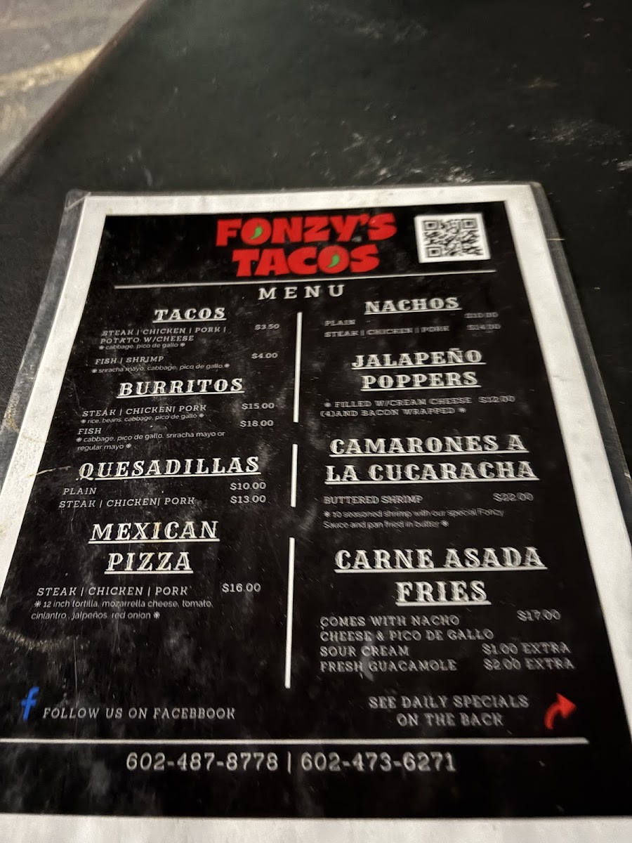 Fonzy's Tacos menu board