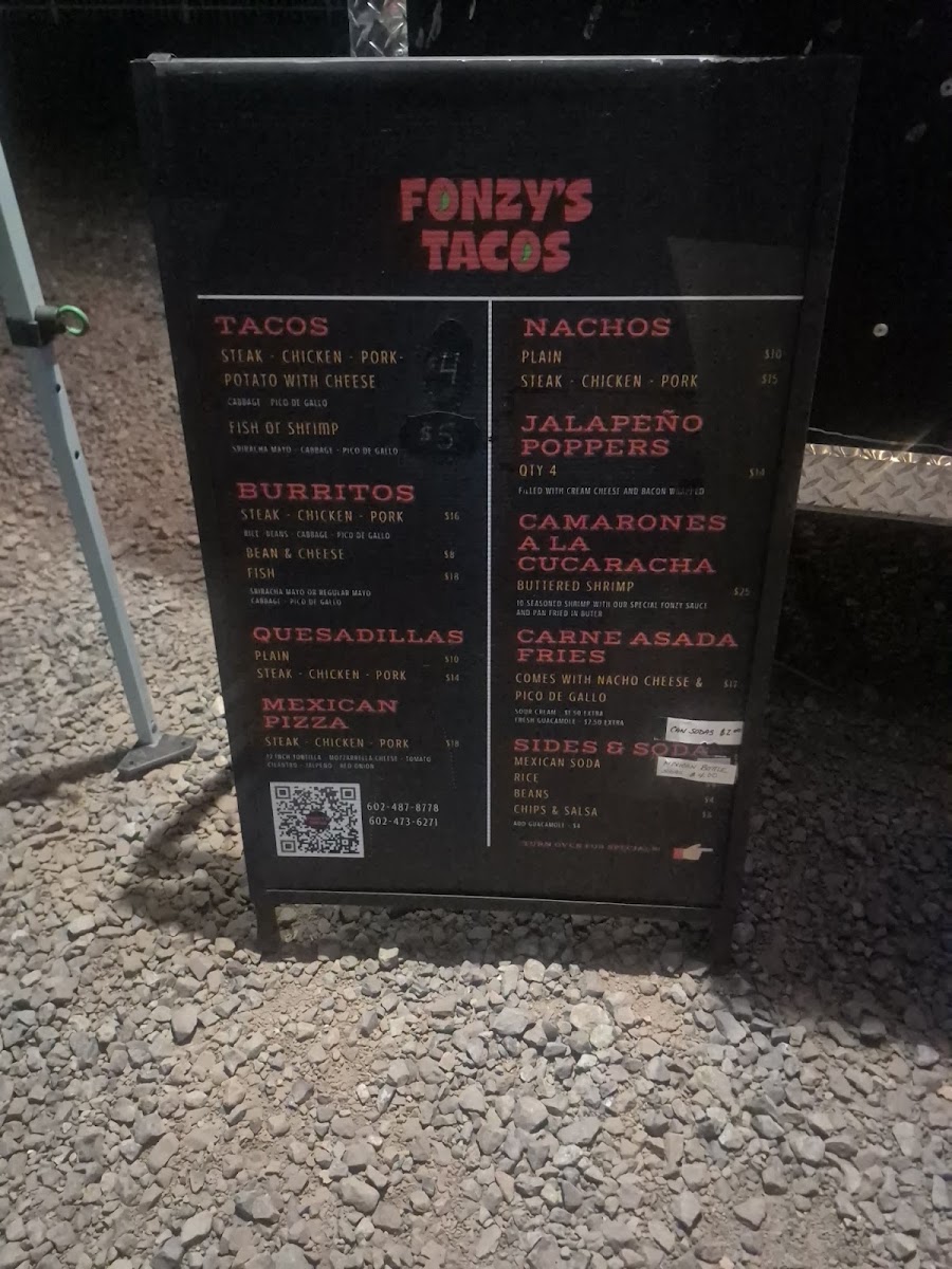 Fonzy's Tacos menu board