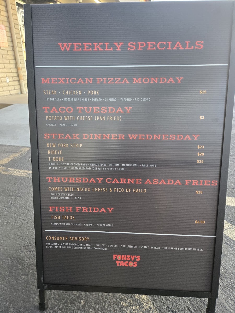 Fonzy's Tacos menu board