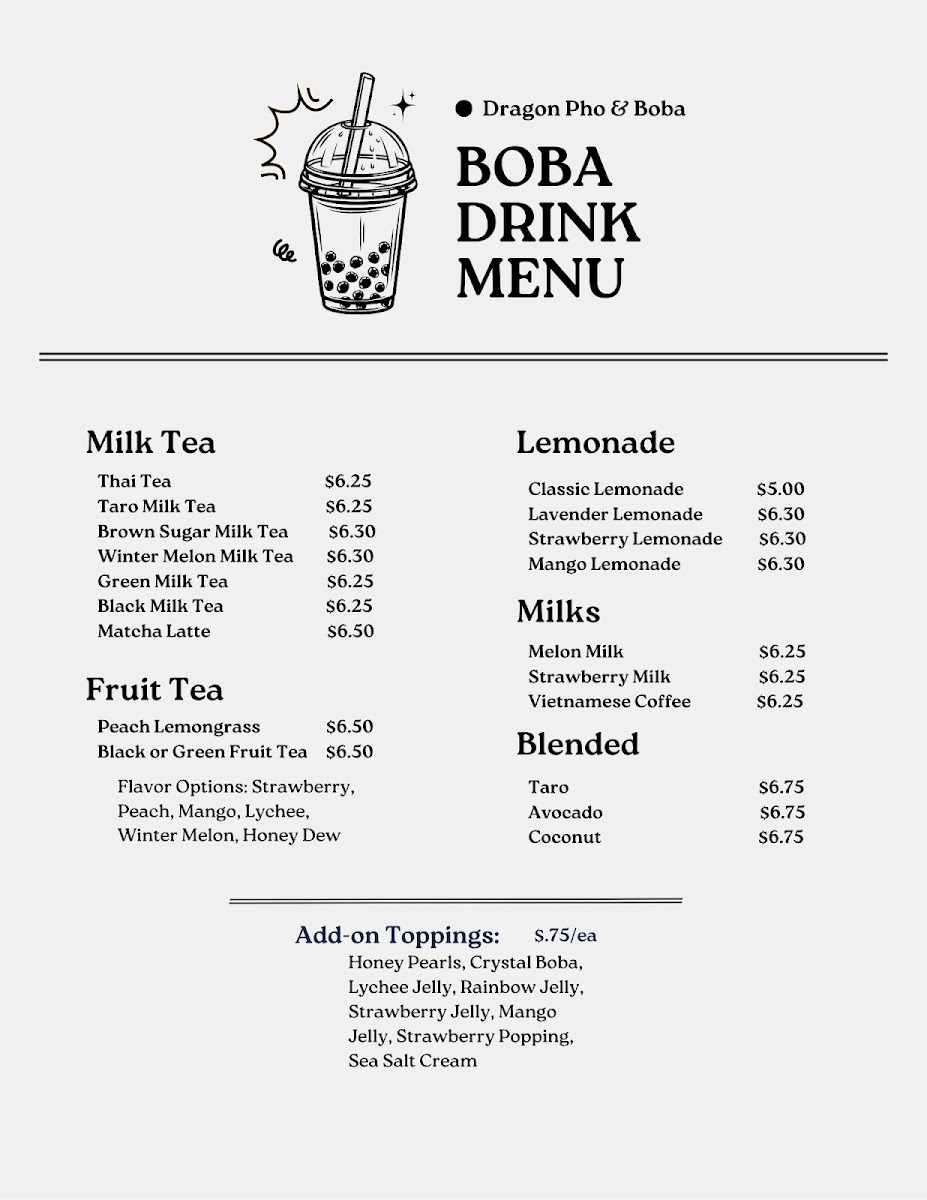 Dragon Pho & Boba menu board
