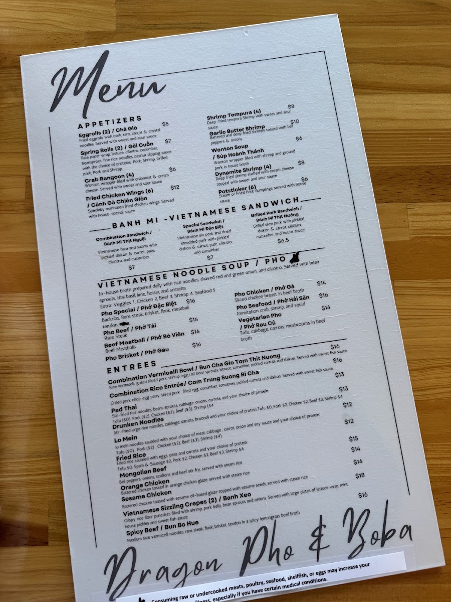 Dragon Pho & Boba menu board