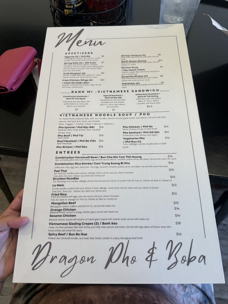 Dragon Pho & Boba menu board