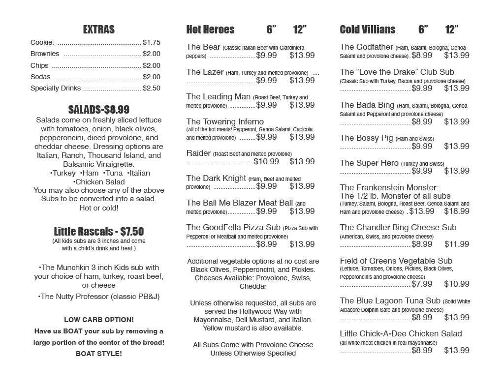 Hollywood Heroes and Subs menu board