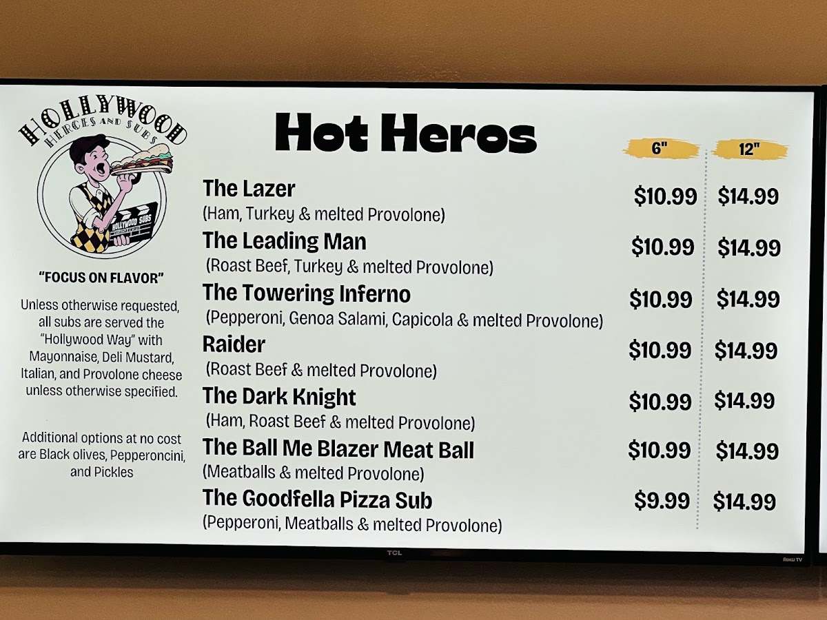 Hollywood Heroes and Subs menu board