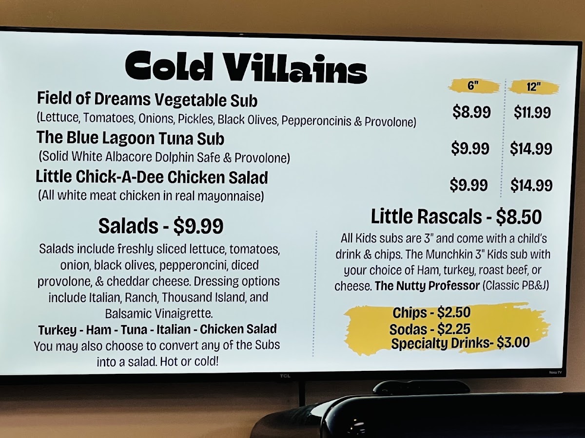 Hollywood Heroes and Subs menu board
