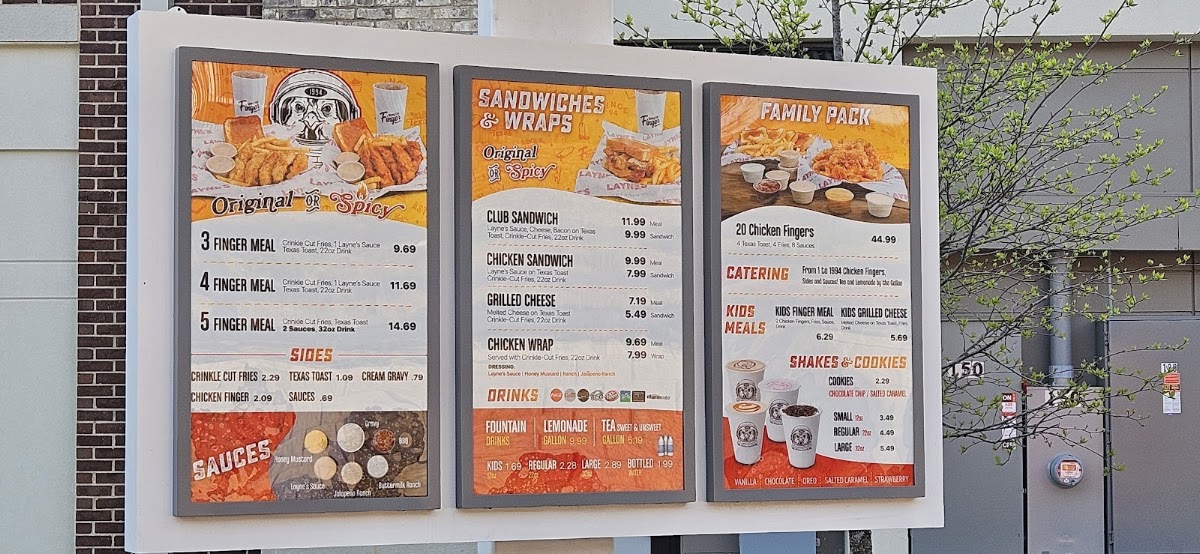 Layne's Chicken Fingers - Roswell menu board