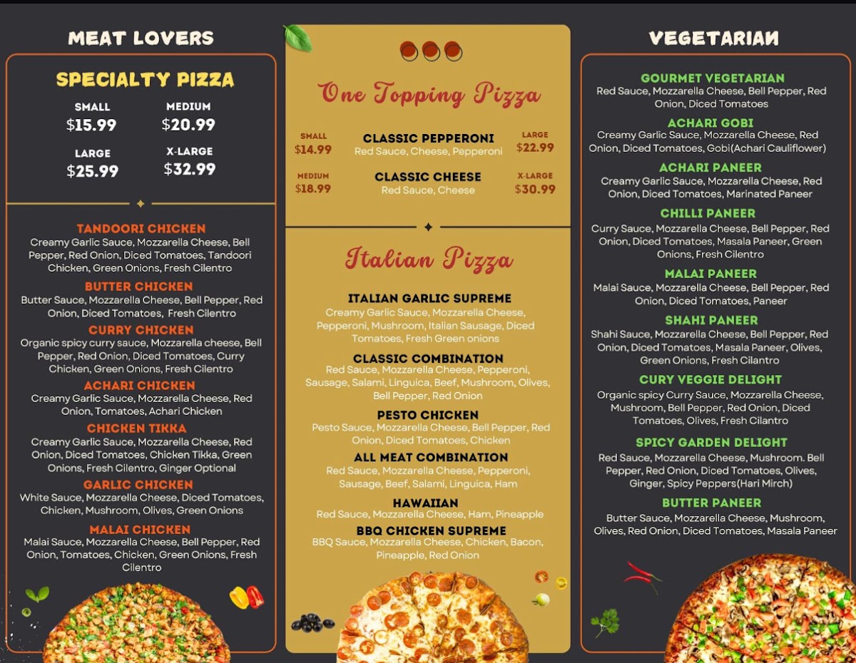 Desi Pizza Bite menu board