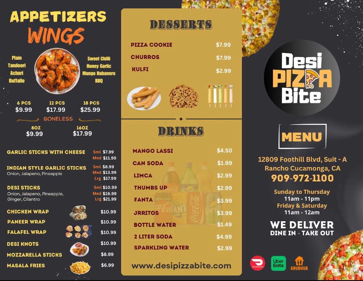 Desi Pizza Bite menu board