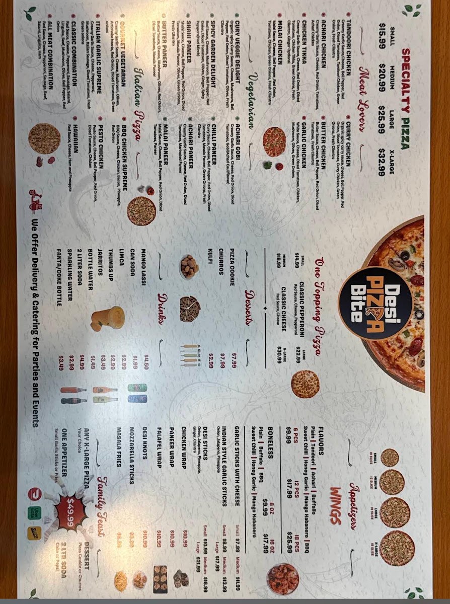 Desi Pizza Bite menu board